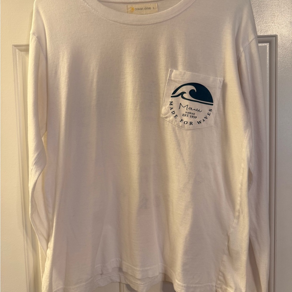 Ocean Drive White Long Sleeve Tee with Blue Graphic